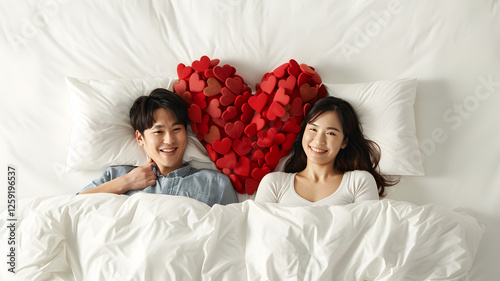 asian man woman heart bed isolated on white background