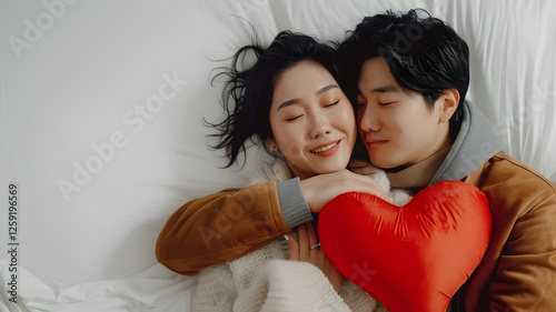 asian man woman heart bed isolated on white background