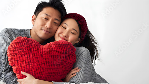 asian man woman heart bed isolated on white background