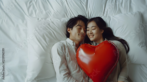 asian man woman heart bed isolated on white background
