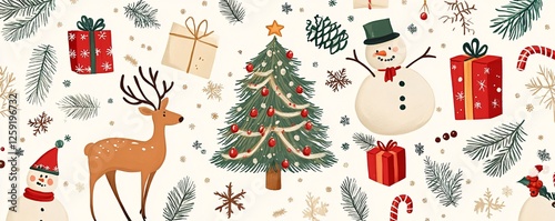 Seamless pattern with christmas tree, reindeer, snowman and gifts on white background