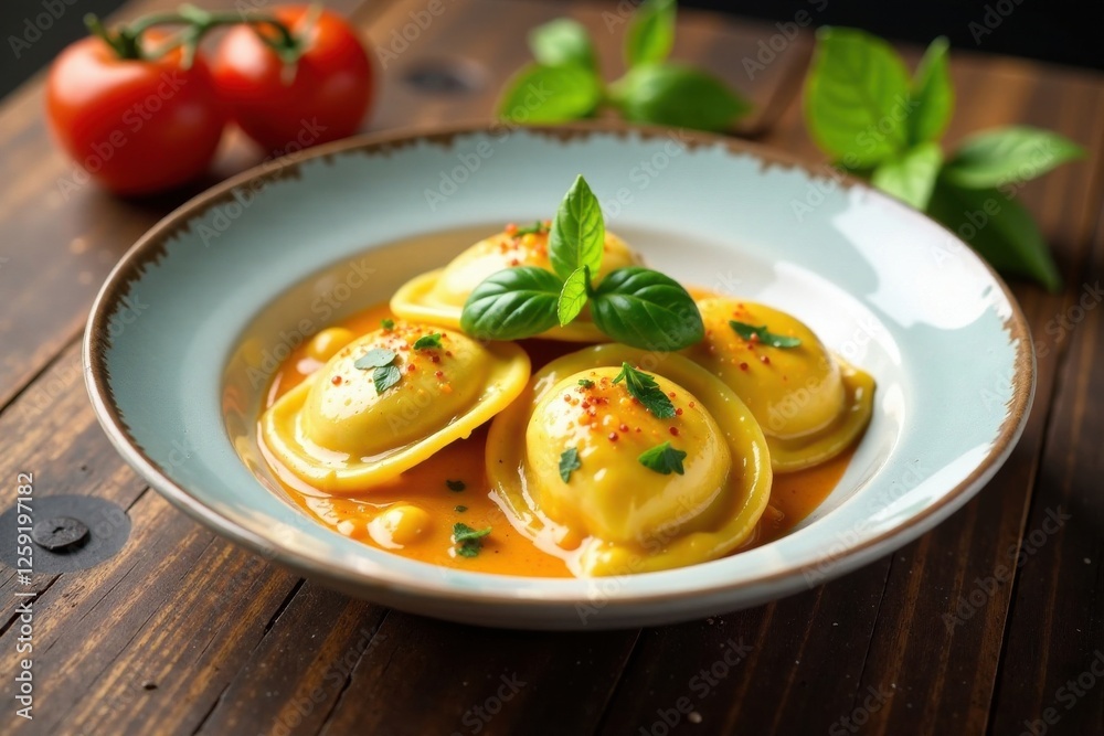 Wooden table with ravioli and creamy sauce served in a plate, ravioli, wooden table, dining Wooden table with ravioli and creamy sauce served in a plate, ravioli, wooden table, dining