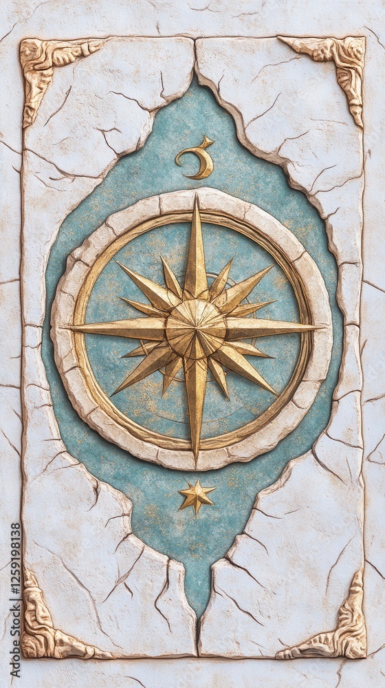 Fototapeta premium Gold Compass Rose on Cracked Stone Background
