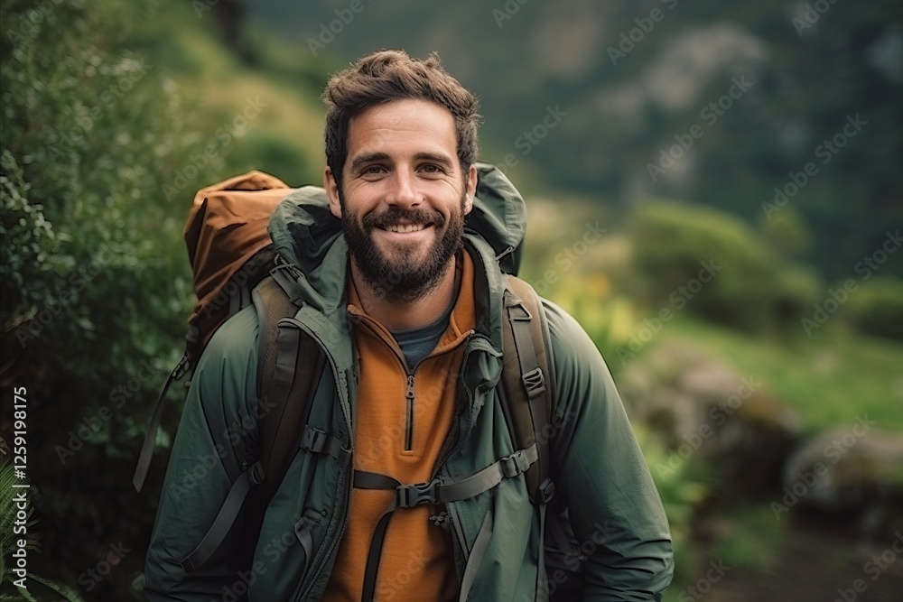 Portrait of a smiling man with backpack standing in the mountains. Portrait of a smiling man with backpack standing in the mountains.