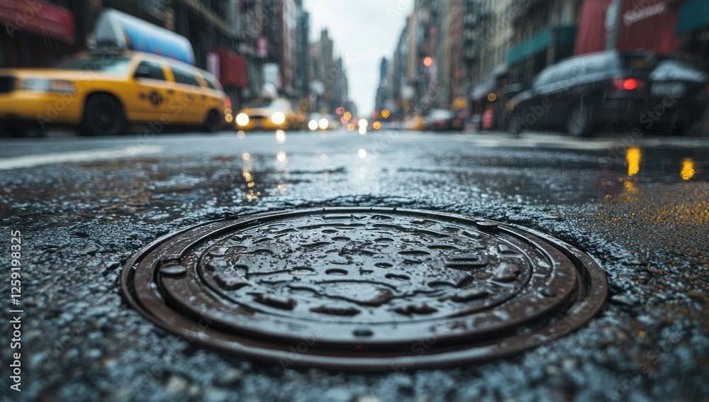 Rainy Day in the City: A Close-Up View of a Wet Manhole Cover Rainy Day in the City: A Close-Up View of a Wet Manhole Cover