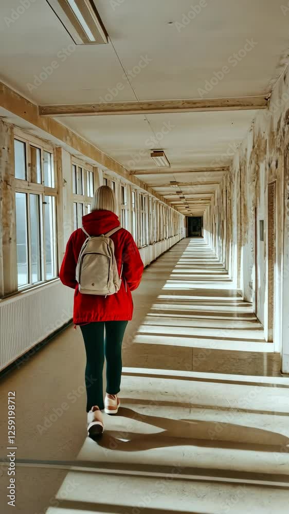 Person walking down an empty corridor with natural light illuminating the walls Person walking down an empty corridor with natural light illuminating the walls