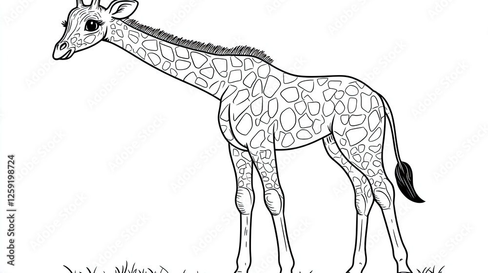 Giraffe line art, African savanna background, coloring page