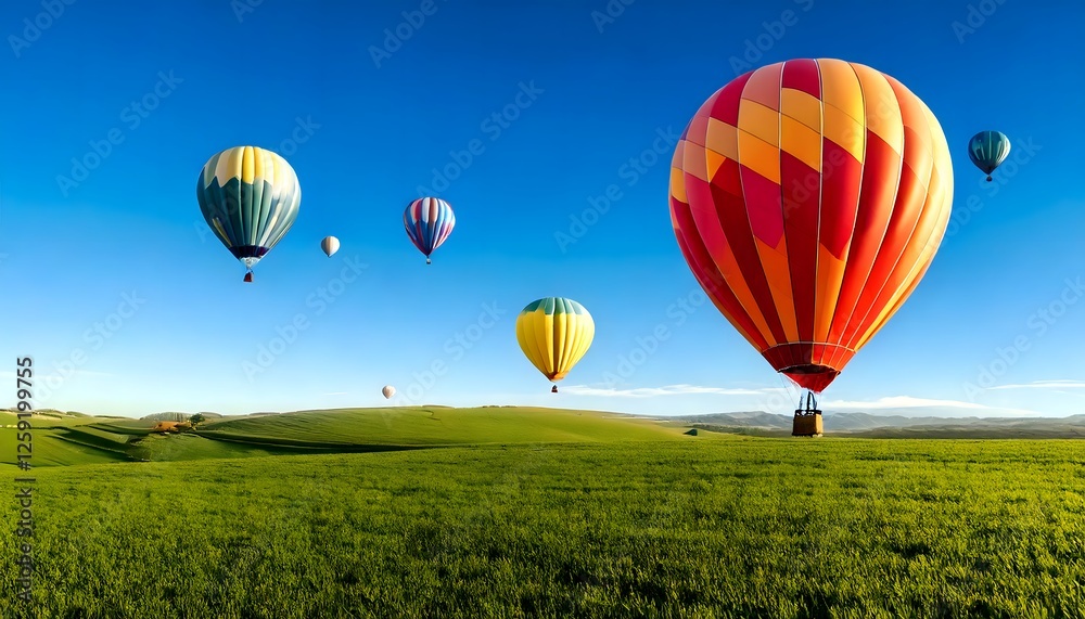 Obraz premium Vibrant hot air balloons floating over lush green fields under a clear blue sky