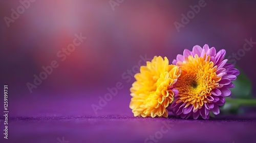 Two Vibrant Chrysanthemum Blossoms on Purple Background