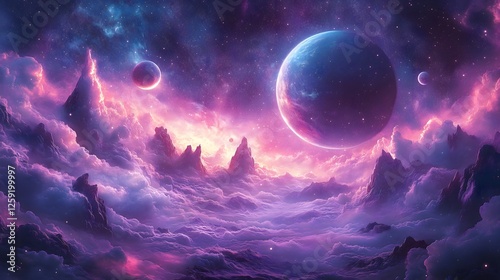 A dark, fantasy space background with a full moon illuminating the clouds