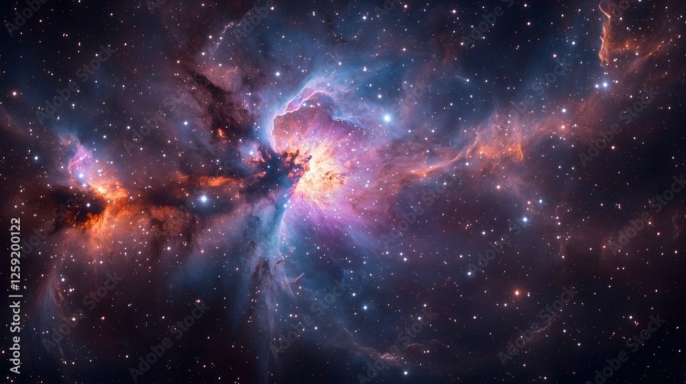 A vibrant nebula illuminates the cosmos, revealing a galaxy's starlight A vibrant nebula illuminates the cosmos, revealing a galaxy's starlight