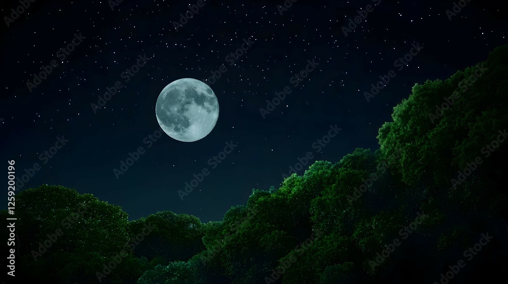 Pixelated Night Scene With Full Moon And Lush Forest
