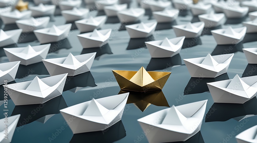 Obraz premium A golden paper boat standing out among a sea of white paper boats, symbolizing leadership, uniqueness, and innovation. A powerful metaphor for standing out from the crowd.
