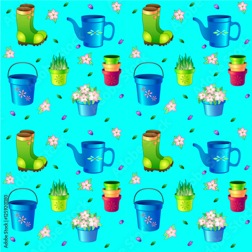 Gardening. Seamless vector pattern with tools and equipment for gardening. Blue background with watering cans, buckets, flower pots and flowerpots. Spring seamless background with flowers.	