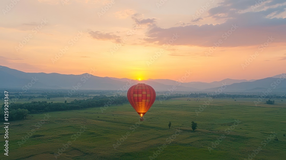 Obraz premium Hot Air Balloon at Sunrise Over Green Fields and Mountains