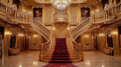 Grand mansion's opulent gold staircase, red carpet, interior design, opulent background