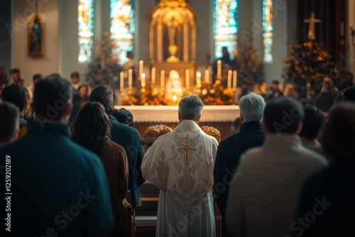 Priest leads Christmas mass, church congregation photo