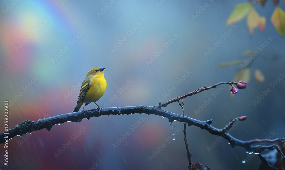 Naklejka premium Golden finch gracefully hops across a wet branch as clouds break, evoking vibrant spring energy
