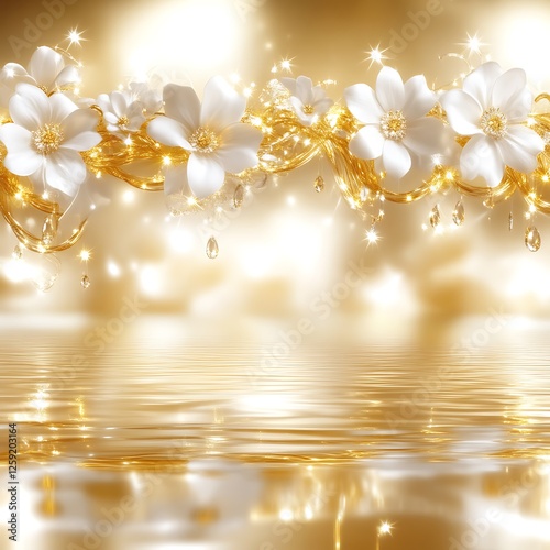 Golden water, white flowers, sparkle, reflection, serenity, website banner