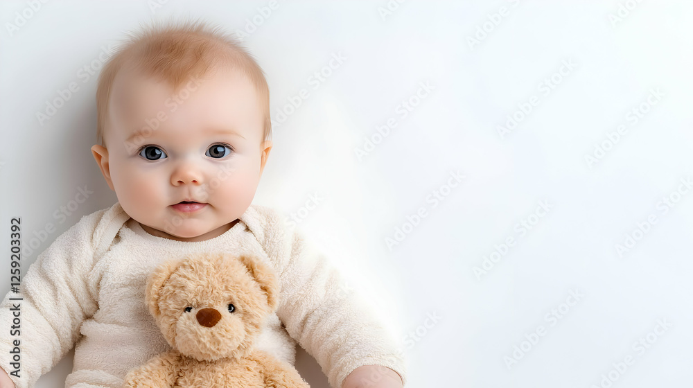 Baby girl with teddy bear, studio shot, white background, newborn photography Baby girl with teddy bear, studio shot, white background, newborn photography