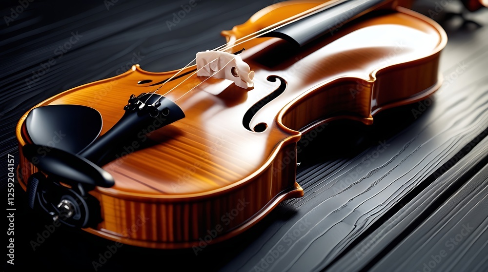 Fototapeta premium A close-up of a polished violin with intricate details and a rich wooden texture, placed on a dark background. Perfect for classical music, artistic expression, and orchestra themes.