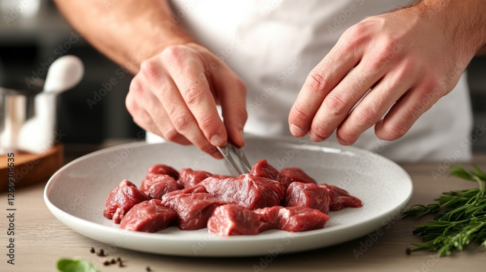 Chef preparing beef stew cubes in kitchen Chef preparing beef stew cubes in kitchen