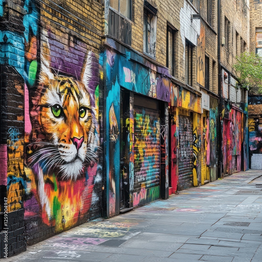 Naklejka premium Colorful London alley mural, cat graffiti, urban art, street scene, tourism