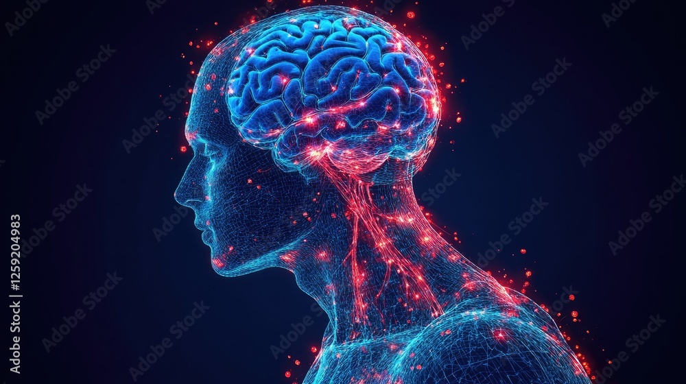 Glowing Brain, Neural Network, Human Head, Dark Background, Medical Illustration Glowing Brain, Neural Network, Human Head, Dark Background, Medical Illustration