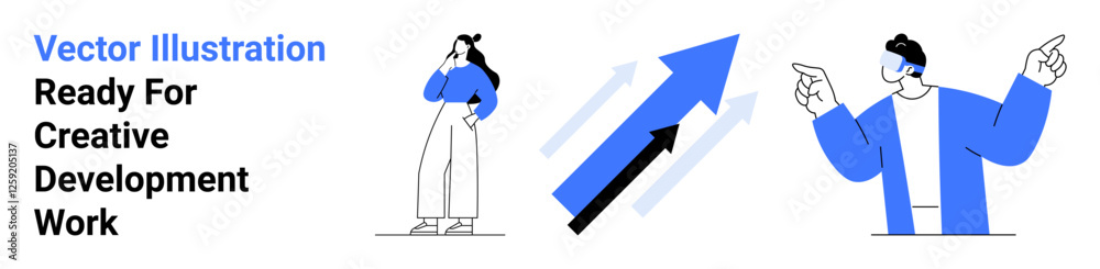 Woman thinking, man gesturing, and upward arrows representing progress. Ideal for teamwork, creativity, problem-solving, goals, business growth, motivation flat landing page banner Woman thinking, man gesturing, and upward arrows representing progress. Ideal for teamwork, creativity, problem-solving, goals, business growth, motivation flat landing page banner