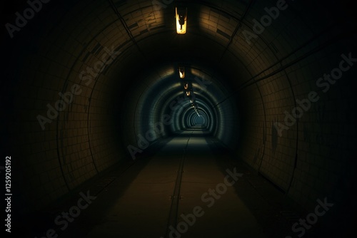 Dark underground tunnel illuminated by minimal lights in the distance