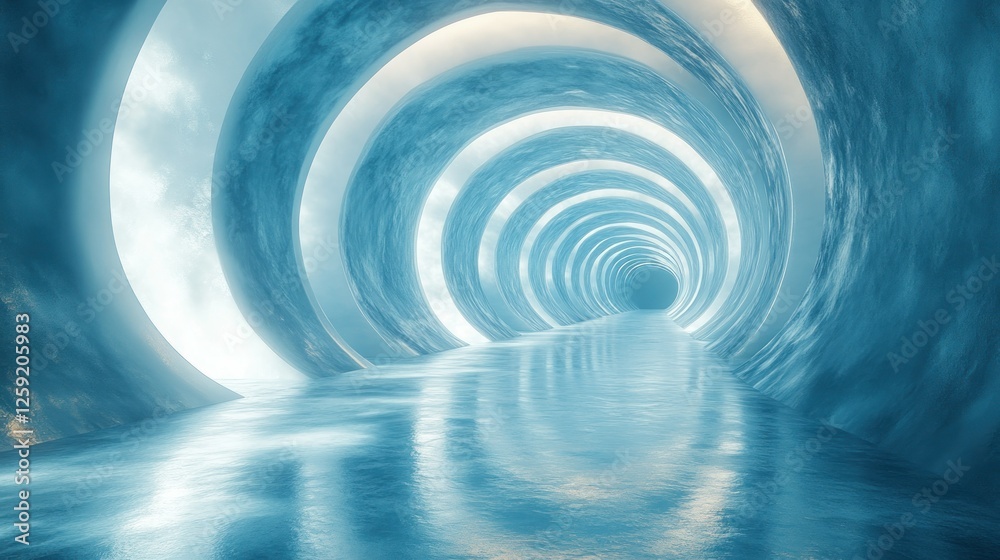Futuristic blue tunnel, reflective floor, cloudy sky, background, digital art Futuristic blue tunnel, reflective floor, cloudy sky, background, digital art