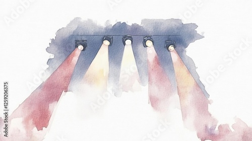 Abstract watercolor of spotlight beams shining through smoke in a dramatic display. Generative AI