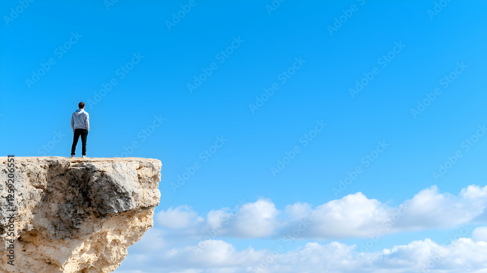 Obraz premium Man contemplates ocean view from clifftop. Success, freedom concept