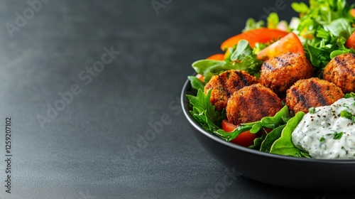 Delicious healthy salad with crispy falafel and yogurt sauce. Generative AI photo