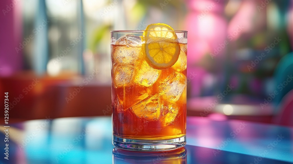 Iced tea, lemon, glass, cafe, vibrant, background, refreshment, summer Iced tea, lemon, glass, cafe, vibrant, background, refreshment, summer