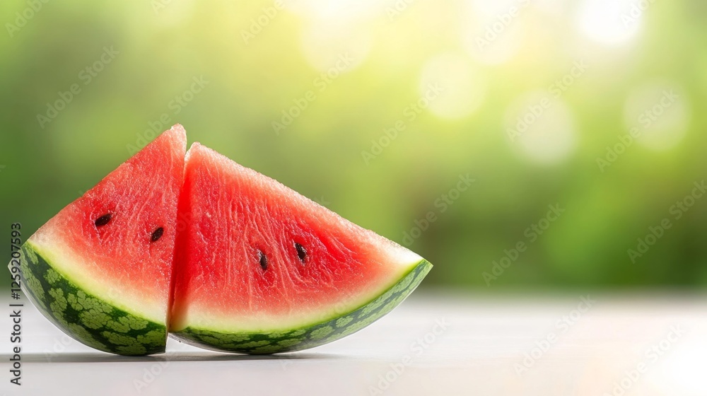 Slices of Ripe Watermelon with Black Seeds on Green Background. Generative AI Slices of Ripe Watermelon with Black Seeds on Green Background. Generative AI