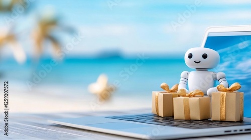 Cute robot with gift boxes on a laptop tropical beach background. Generative AI photo