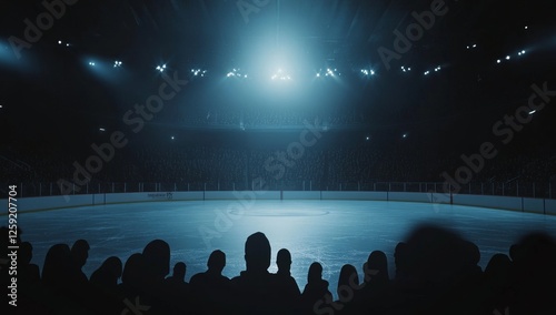 Empty ice hockey arena, dark silhouettes of spectators, bright spotlight, hockey rink photo