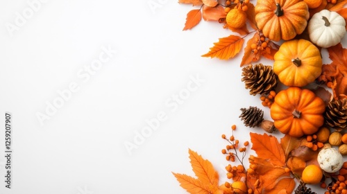 Autumn Harvest Decor With Pumpkins Leaves And Pinecones On White Background. Generative AI photo