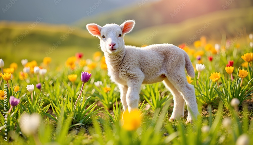 Fluffy lamb in a flower-filled meadow, peaceful spring countryside. Fluffy lamb in a flower-filled meadow, peaceful spring countryside.