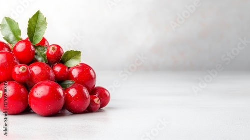 Fresh red cherries on a white background with leaves minimalistic food photography. Generative AI photo