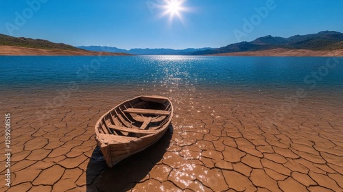 Boat on a Dry Shore with Cracked Earth and Bright Sunlight. Generative AI photo