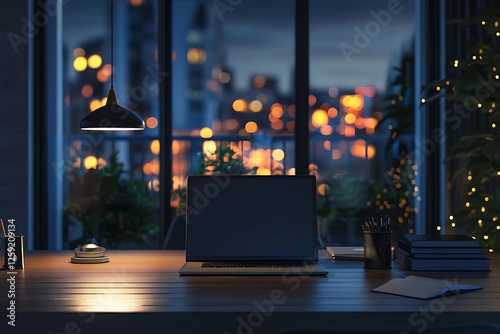 Laptop with blank screen on table in front of window with city view at night