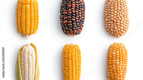 Varieties of colorful corn on a white isolated background. Generative AI photo