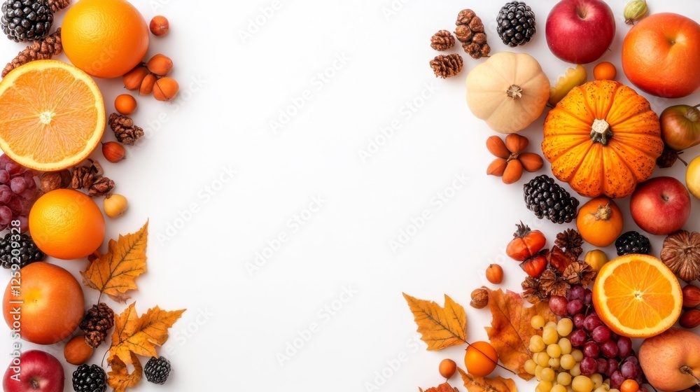 Fototapeta premium Autumn fruits and leaves arranged on a white background. Generative AI