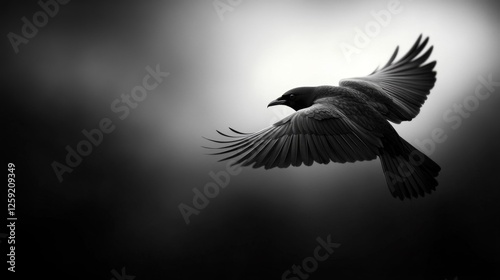 A graceful crow in flight on a dark dramatic background. Generative AI photo