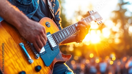 A Close-Up of a Guitarist Playing an Electric Guitar at Sunset Outdoors. Generative AI