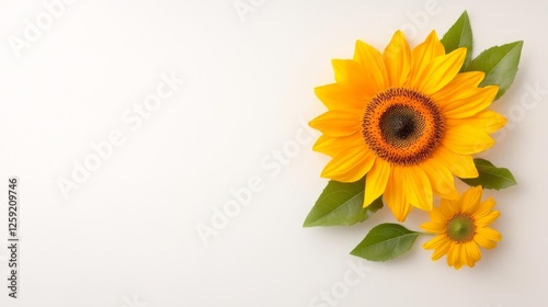 Close-up of beautiful sunflowers with green leaves isolated on white background. Generative AI photo