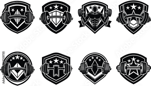 Silhouette Gym logo design vector illustration, Vintage gym logo bundle icon set, Gym Icon vector illustration linocut, gym fitness equipment collection, 