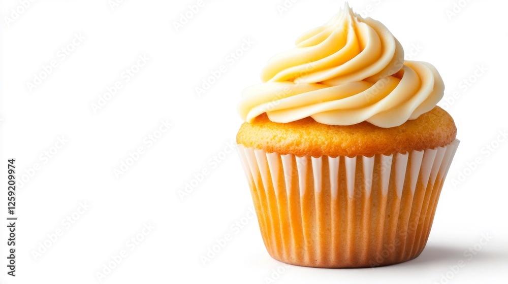 Delicious Cupcake with Swirled Cream Frosting on White Background. Generative AI Delicious Cupcake with Swirled Cream Frosting on White Background. Generative AI